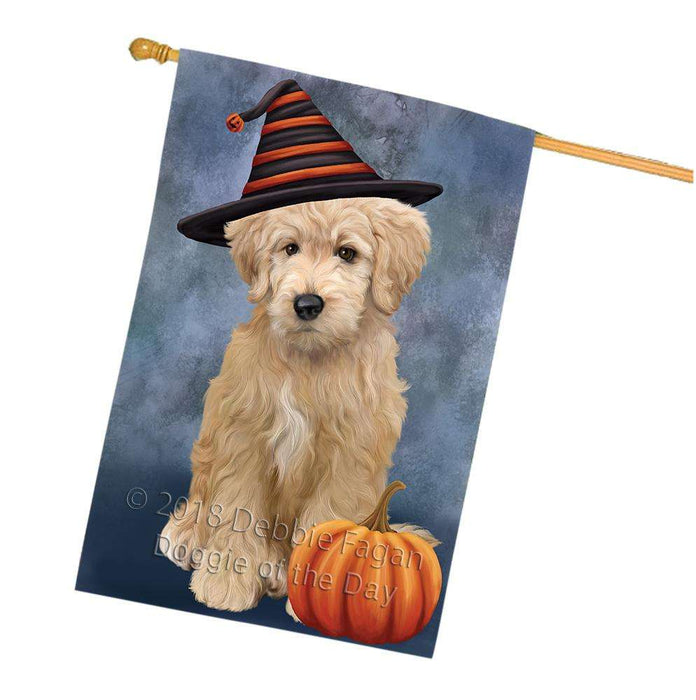 Happy Halloween Goldendoodle Dog Wearing Witch Hat with Pumpkin House Flag FLG55053