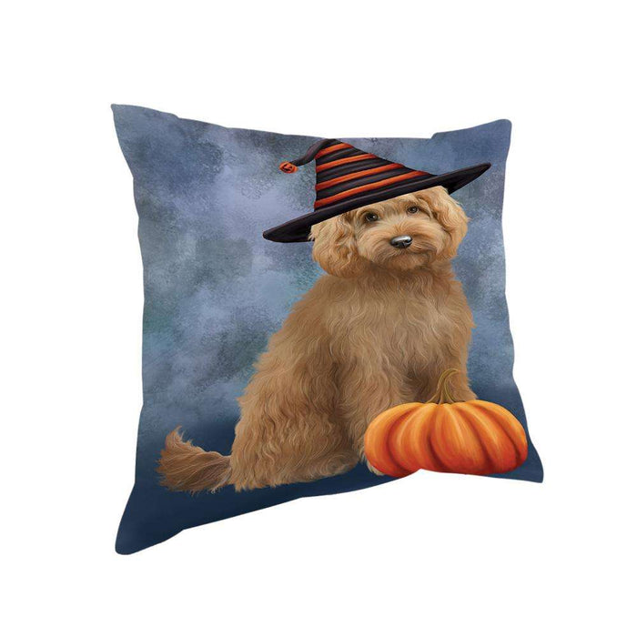 Happy Halloween Goldendoodle Dog Wearing Witch Hat with Pumpkin Pillow PIL76040