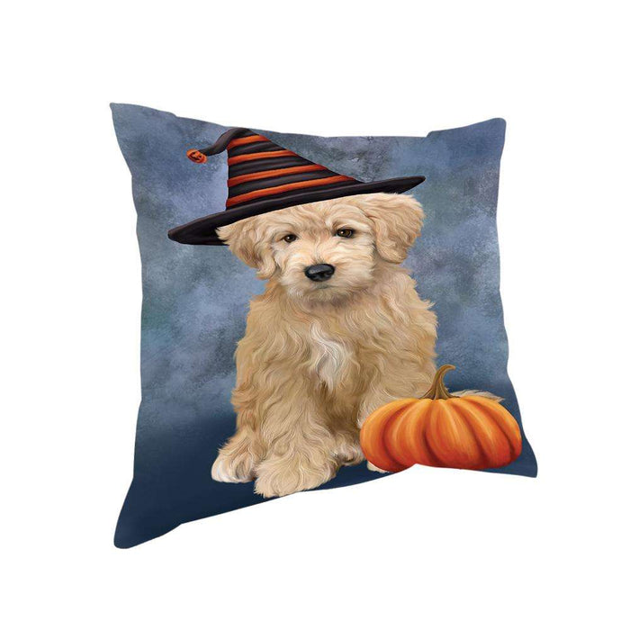 Happy Halloween Goldendoodle Dog Wearing Witch Hat with Pumpkin Pillow PIL76044