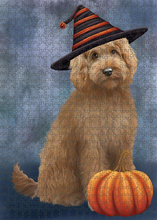 Happy Halloween Goldendoodle Dog Wearing Witch Hat with Pumpkin Puzzle with Photo Tin PUZL86572