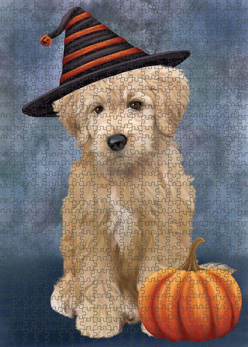 Happy Halloween Goldendoodle Dog Wearing Witch Hat with Pumpkin Puzzle with Photo Tin PUZL86576