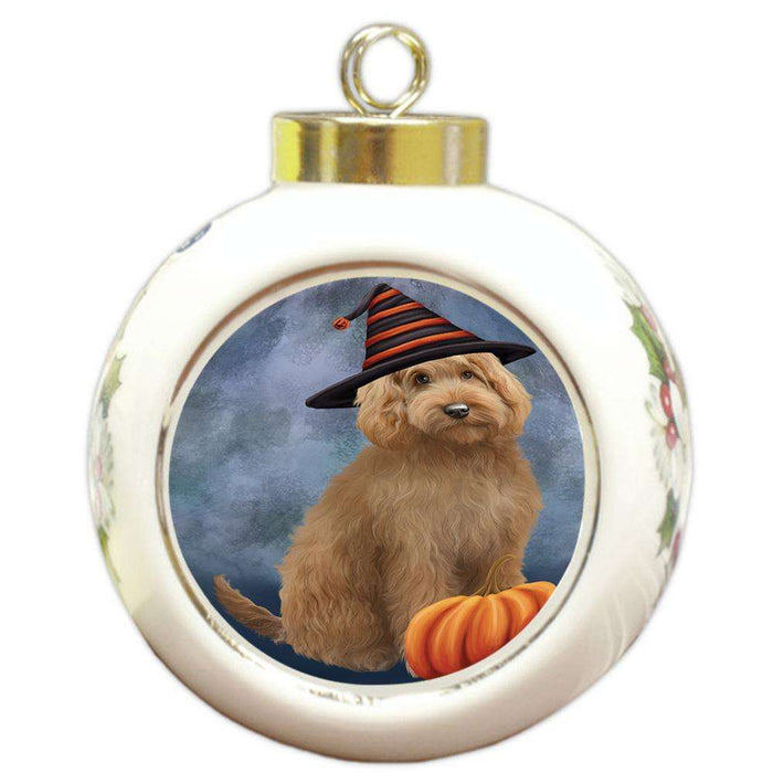 Happy Halloween Goldendoodle Dog Wearing Witch Hat with Pumpkin Round Ball Christmas Ornament RBPOR54854