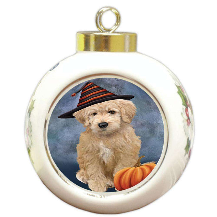 Happy Halloween Goldendoodle Dog Wearing Witch Hat with Pumpkin Round Ball Christmas Ornament RBPOR54855