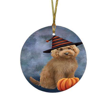 Happy Halloween Goldendoodle Dog Wearing Witch Hat with Pumpkin Round Flat Christmas Ornament RFPOR54845