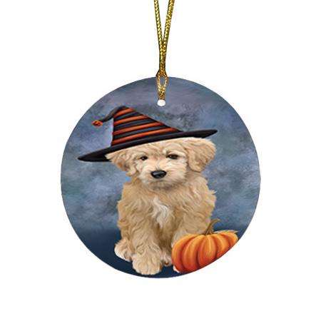 Happy Halloween Goldendoodle Dog Wearing Witch Hat with Pumpkin Round Flat Christmas Ornament RFPOR54846