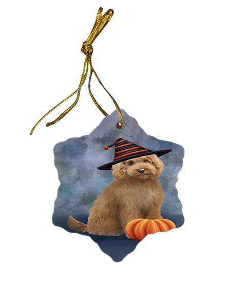Happy Halloween Goldendoodle Dog Wearing Witch Hat with Pumpkin Star Porcelain Ornament SPOR54845