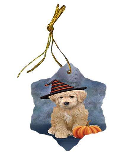 Happy Halloween Goldendoodle Dog Wearing Witch Hat with Pumpkin Star Porcelain Ornament SPOR54846
