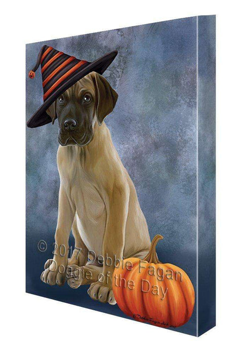 Happy Halloween Great Dane Dog Wearing Witch Hat with Pumpkin Canvas Wall Art