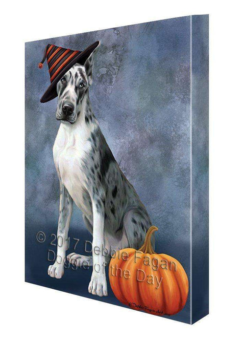 Happy Halloween Great Dane Dog Wearing Witch Hat with Pumpkin Canvas Wall Art