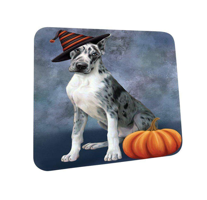 Happy Halloween Great Dane Dog Wearing Witch Hat with Pumpkin Coasters Set of 4