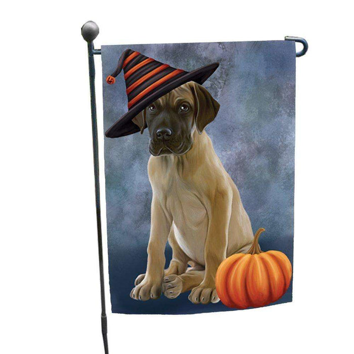 Happy Halloween Great Dane Dog Wearing Witch Hat with Pumpkin Garden Flag