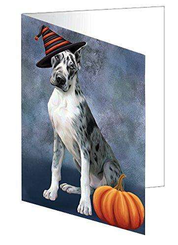 Happy Halloween Great Dane Dog Wearing Witch Hat with Pumpkin Handmade Artwork Assorted Pets Greeting Cards and Note Cards with Envelopes for All Occasions and Holiday Seasons