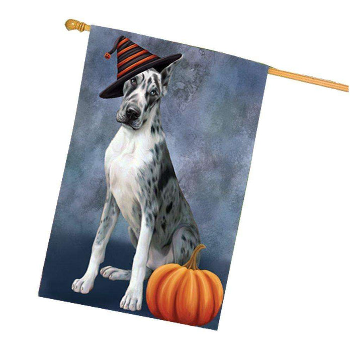 Happy Halloween Great Dane Dog Wearing Witch Hat with Pumpkin House Flag