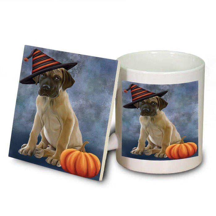 Happy Halloween Great Dane Dog Wearing Witch Hat with Pumpkin Mug and Coaster Set