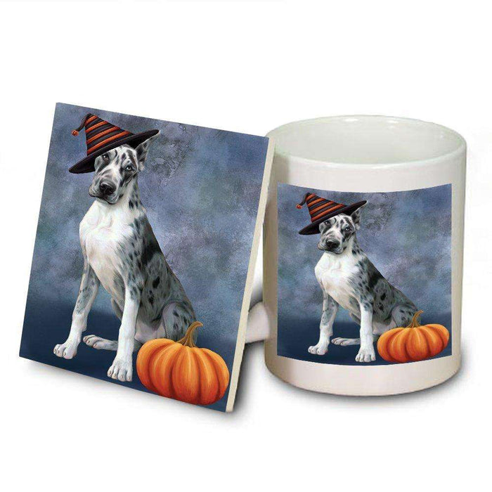 Happy Halloween Great Dane Dog Wearing Witch Hat with Pumpkin Mug and Coaster Set