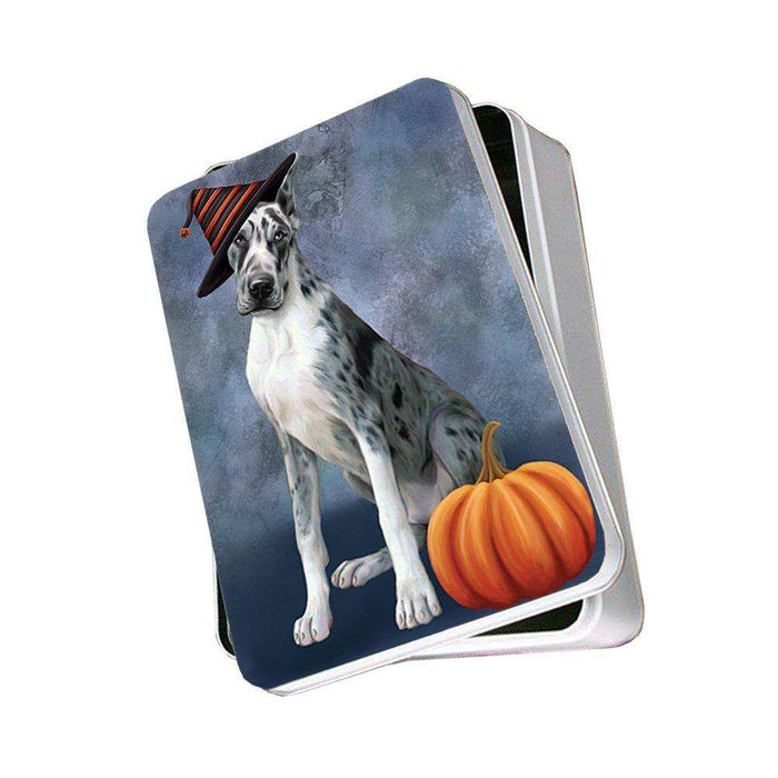 Happy Halloween Great Dane Dog Wearing Witch Hat with Pumpkin Photo Storage Tin