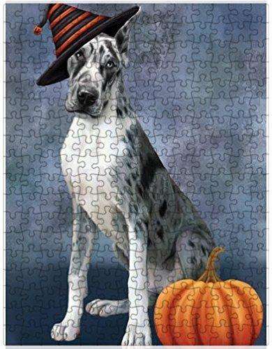 Happy Halloween Great Dane Dog Wearing Witch Hat with Pumpkin Puzzle with Photo Tin