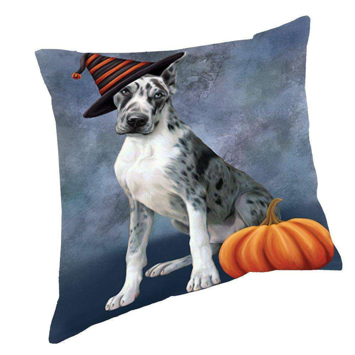 Happy Halloween Great Dane Dog Wearing Witch Hat with Pumpkin Throw Pillow
