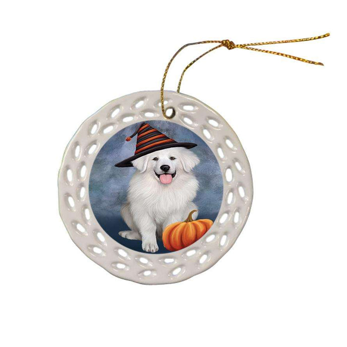 Happy Halloween Great Pyrenee Dog Wearing Witch Hat with Pumpkin Ceramic Doily Ornament DPOR54857