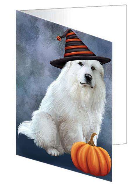 Happy Halloween Great Pyrenee Dog Wearing Witch Hat with Pumpkin Handmade Artwork Assorted Pets Greeting Cards and Note Cards with Envelopes for All Occasions and Holiday Seasons GCD68597