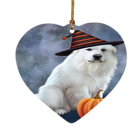 Happy Halloween Great Pyrenee Dog Wearing Witch Hat with Pumpkin Heart Christmas Ornament HPOR54856