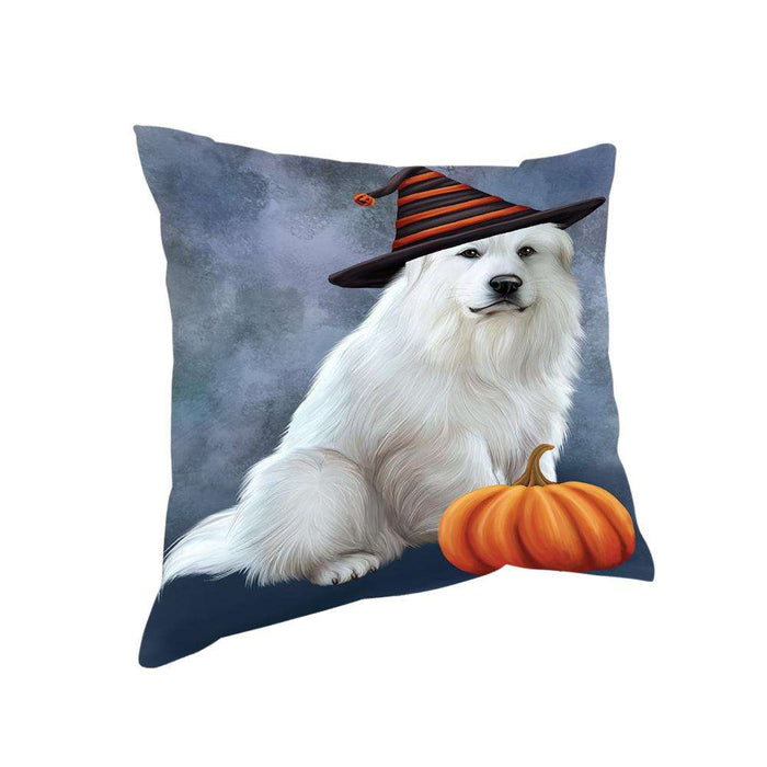 Happy Halloween Great Pyrenee Dog Wearing Witch Hat with Pumpkin Pillow PIL76048