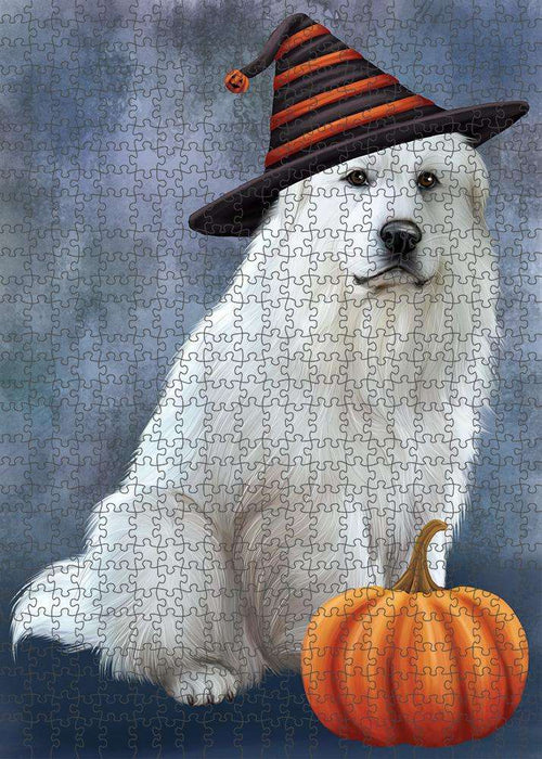 Happy Halloween Great Pyrenee Dog Wearing Witch Hat with Pumpkin Puzzle with Photo Tin PUZL86580