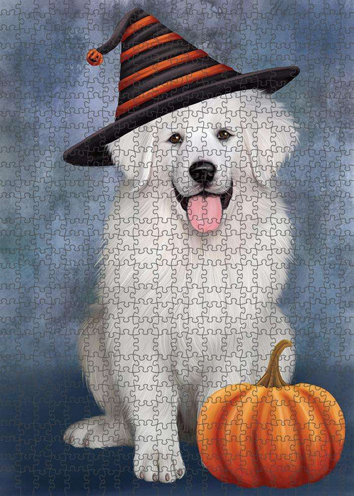 Happy Halloween Great Pyrenee Dog Wearing Witch Hat with Pumpkin Puzzle with Photo Tin PUZL86584