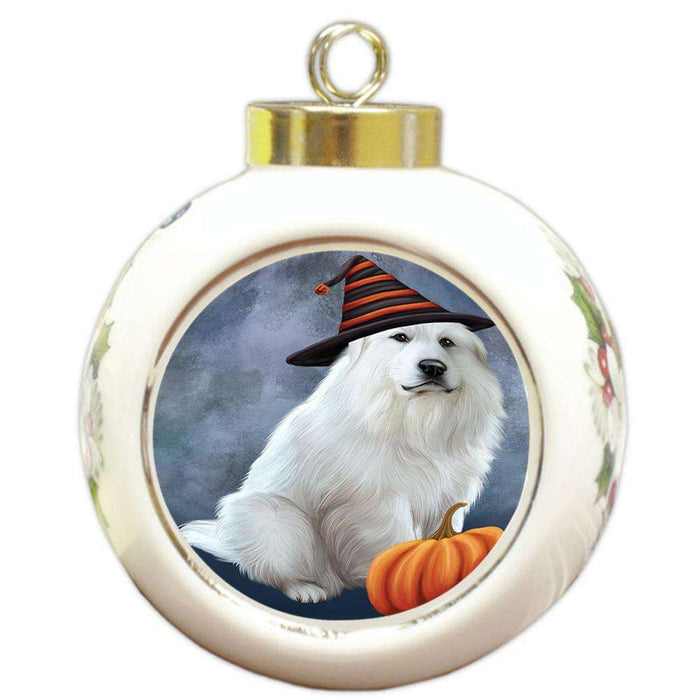 Happy Halloween Great Pyrenee Dog Wearing Witch Hat with Pumpkin Round Ball Christmas Ornament RBPOR54856