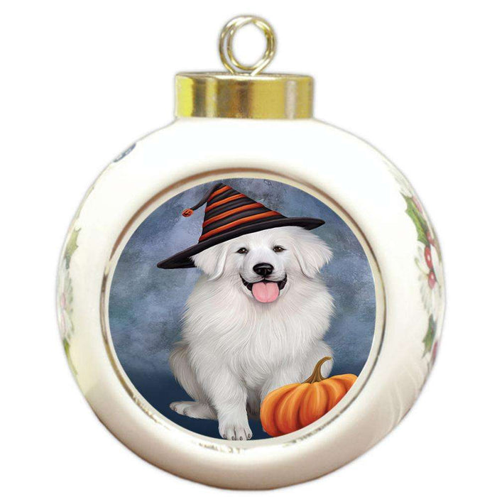 Happy Halloween Great Pyrenee Dog Wearing Witch Hat with Pumpkin Round Ball Christmas Ornament RBPOR54857