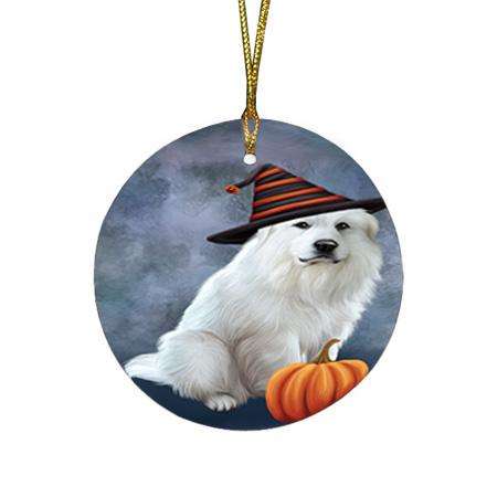 Happy Halloween Great Pyrenee Dog Wearing Witch Hat with Pumpkin Round Flat Christmas Ornament RFPOR54847