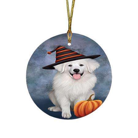 Happy Halloween Great Pyrenee Dog Wearing Witch Hat with Pumpkin Round Flat Christmas Ornament RFPOR54848