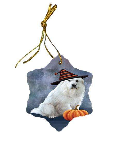 Happy Halloween Great Pyrenee Dog Wearing Witch Hat with Pumpkin Star Porcelain Ornament SPOR54847