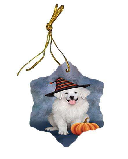 Happy Halloween Great Pyrenee Dog Wearing Witch Hat with Pumpkin Star Porcelain Ornament SPOR54848