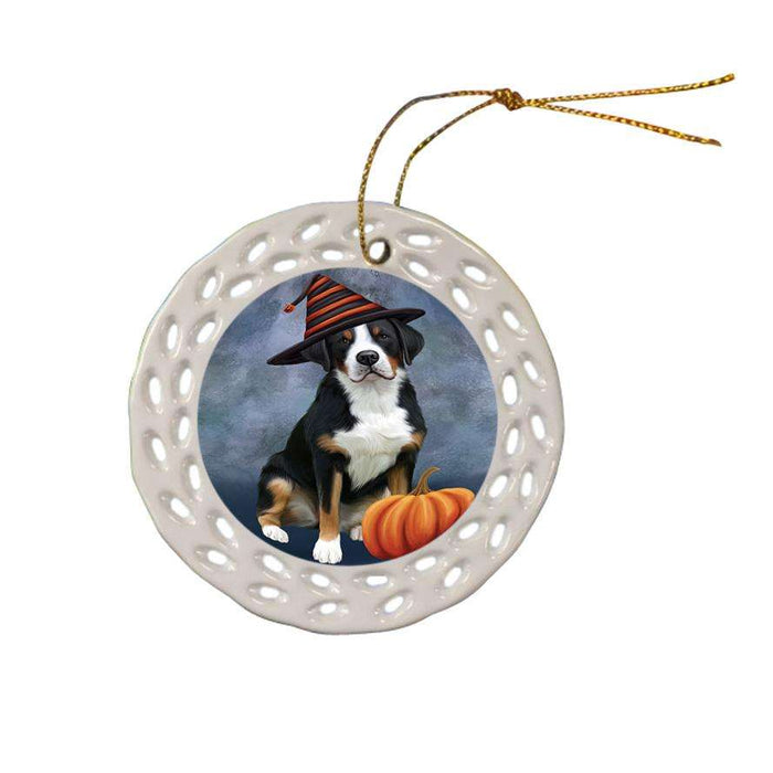 Happy Halloween Greater Swiss Mountain Dog Wearing Witch Hat with Pumpkin Ceramic Doily Ornament DPOR54858