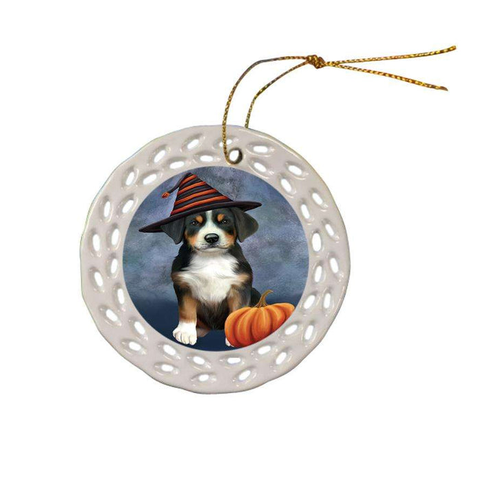 Happy Halloween Greater Swiss Mountain Dog Wearing Witch Hat with Pumpkin Ceramic Doily Ornament DPOR54859