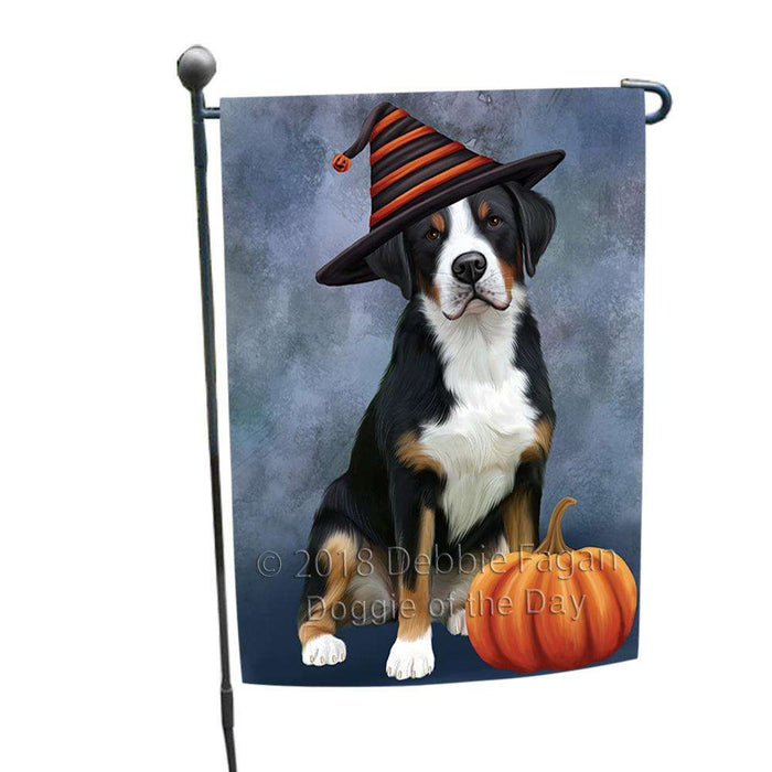 Happy Halloween Greater Swiss Mountain Dog Wearing Witch Hat with Pumpkin Garden Flag GFLG54920