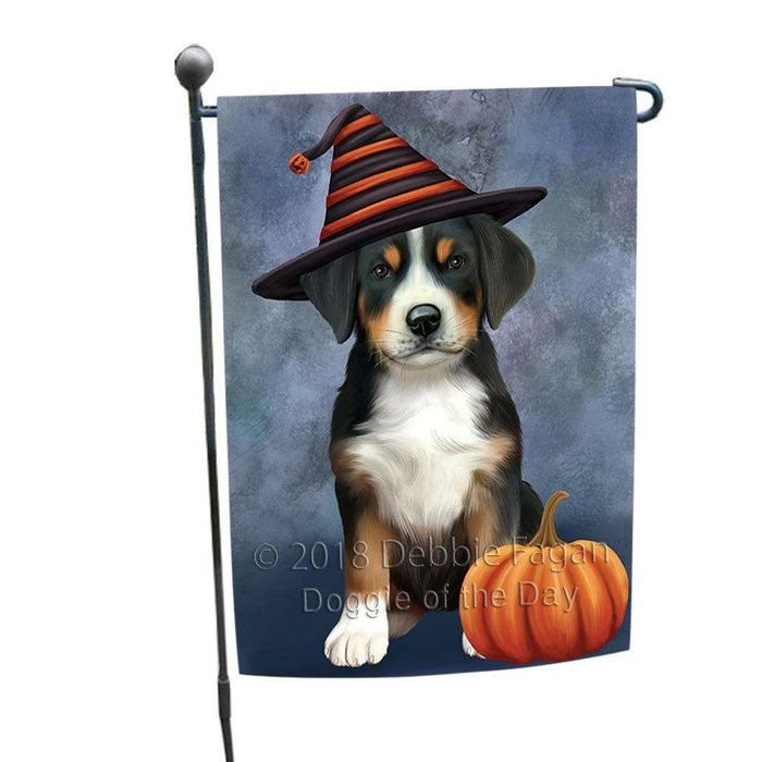 Happy Halloween Greater Swiss Mountain Dog Wearing Witch Hat with Pumpkin Garden Flag GFLG54921