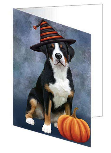 Happy Halloween Greater Swiss Mountain Dog Wearing Witch Hat with Pumpkin Handmade Artwork Assorted Pets Greeting Cards and Note Cards with Envelopes for All Occasions and Holiday Seasons GCD68603
