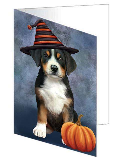 Happy Halloween Greater Swiss Mountain Dog Wearing Witch Hat with Pumpkin Handmade Artwork Assorted Pets Greeting Cards and Note Cards with Envelopes for All Occasions and Holiday Seasons GCD68606