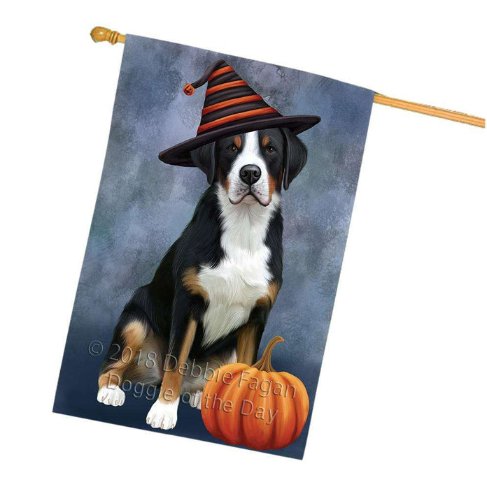 Happy Halloween Greater Swiss Mountain Dog Wearing Witch Hat with Pumpkin House Flag FLG55056