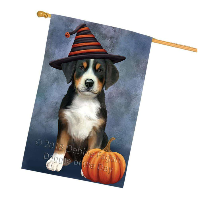 Happy Halloween Greater Swiss Mountain Dog Wearing Witch Hat with Pumpkin House Flag FLG55057