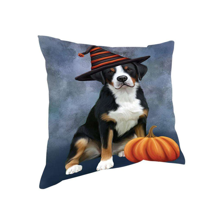 Happy Halloween Greater Swiss Mountain Dog Wearing Witch Hat with Pumpkin Pillow PIL76056