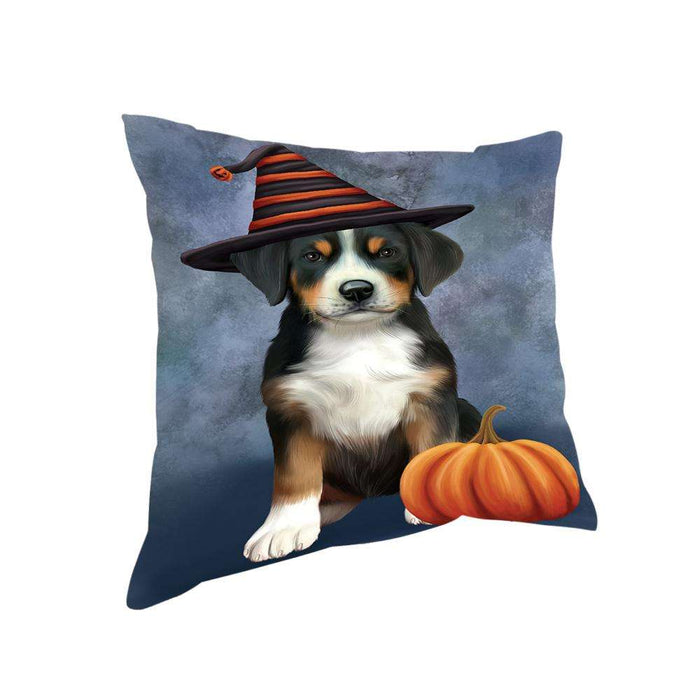 Happy Halloween Greater Swiss Mountain Dog Wearing Witch Hat with Pumpkin Pillow PIL76060