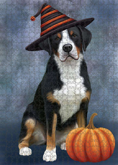 Happy Halloween Greater Swiss Mountain Dog Wearing Witch Hat with Pumpkin Puzzle with Photo Tin PUZL86588