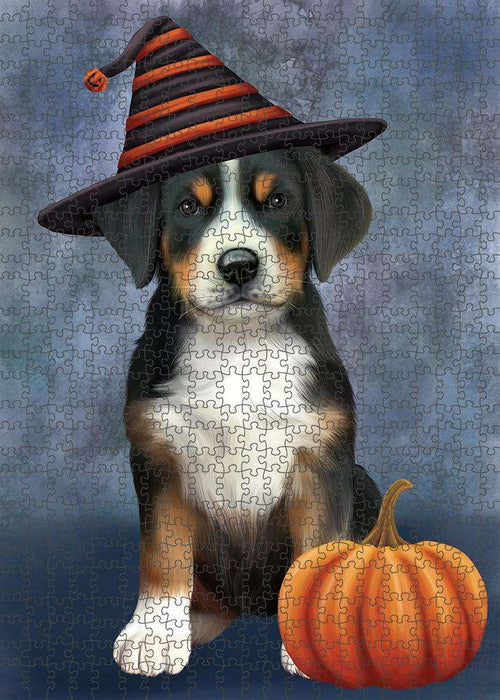 Happy Halloween Greater Swiss Mountain Dog Wearing Witch Hat with Pumpkin Puzzle with Photo Tin PUZL86592