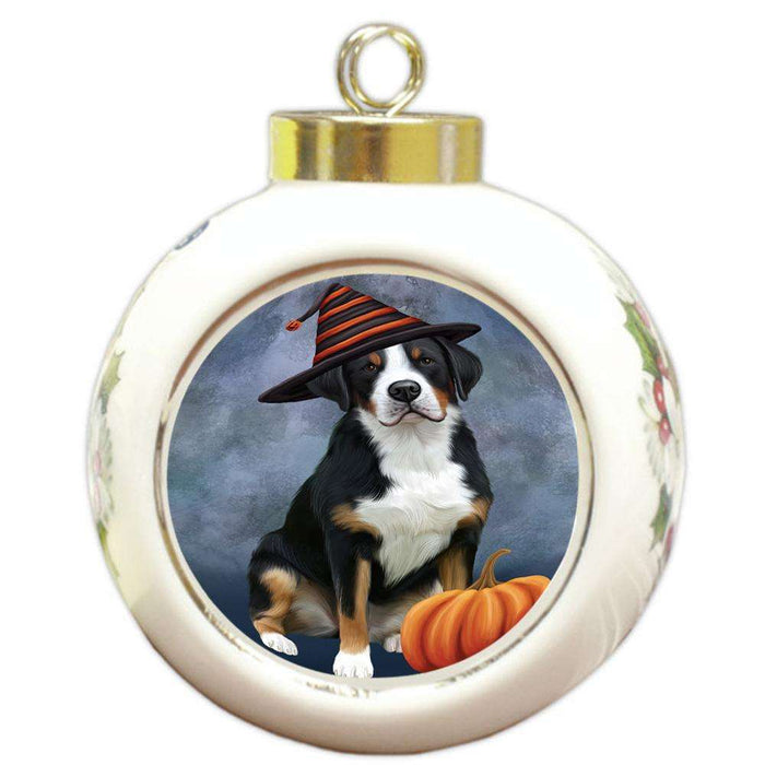 Happy Halloween Greater Swiss Mountain Dog Wearing Witch Hat with Pumpkin Round Ball Christmas Ornament RBPOR54858