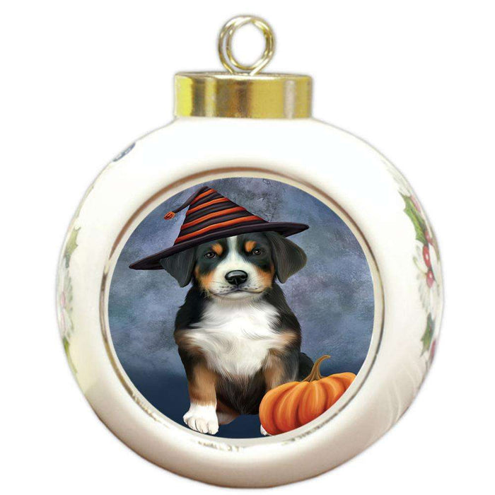 Happy Halloween Greater Swiss Mountain Dog Wearing Witch Hat with Pumpkin Round Ball Christmas Ornament RBPOR54859