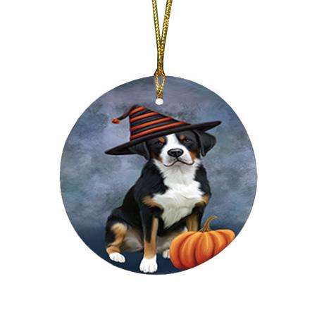 Happy Halloween Greater Swiss Mountain Dog Wearing Witch Hat with Pumpkin Round Flat Christmas Ornament RFPOR54849