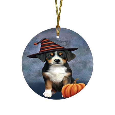 Happy Halloween Greater Swiss Mountain Dog Wearing Witch Hat with Pumpkin Round Flat Christmas Ornament RFPOR54850